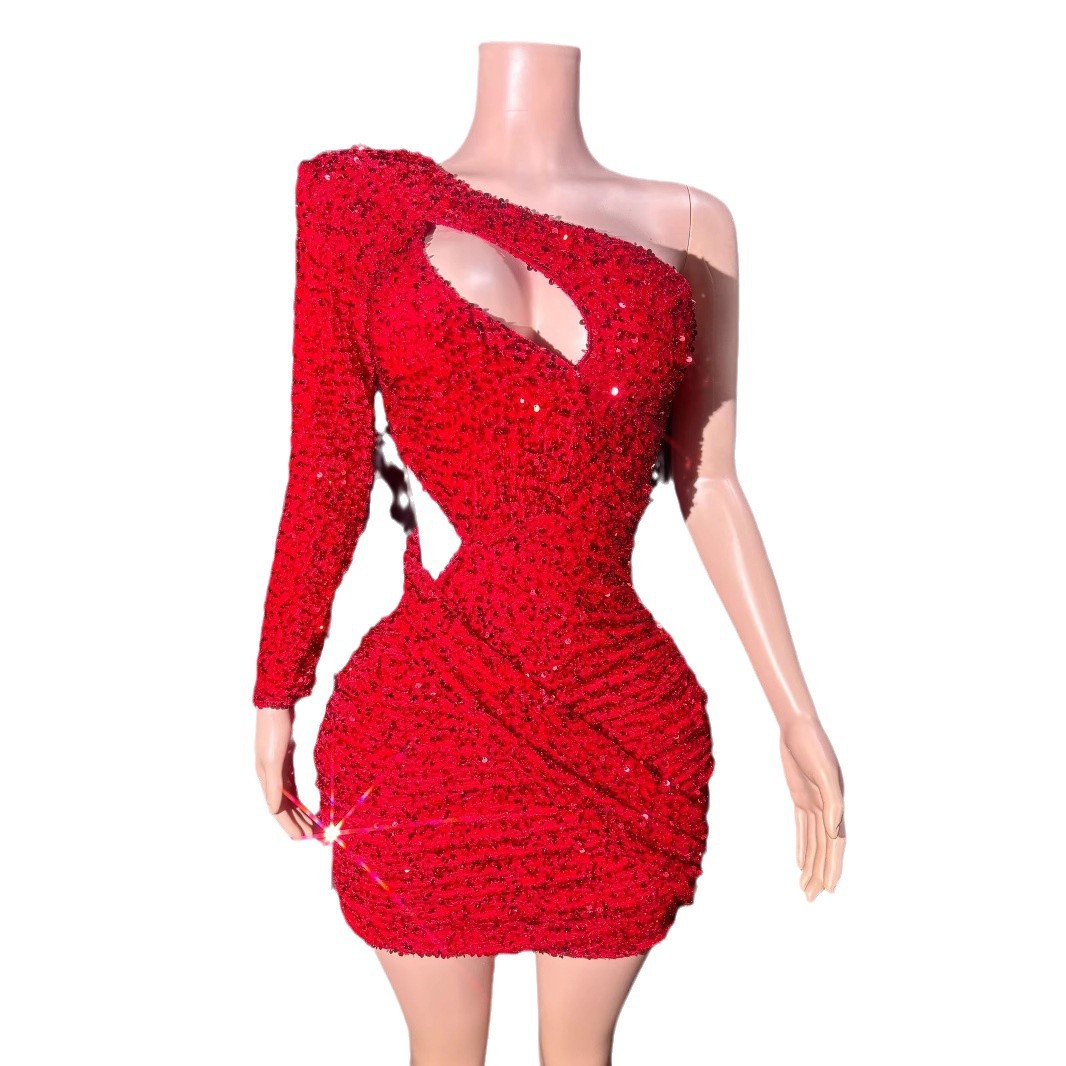 Glamoureuze veelkleurige pailletten verjaardagsfeestje podiumjurk dames sexy holle diagonale schouder heuprok gastheer avondjurk vestito