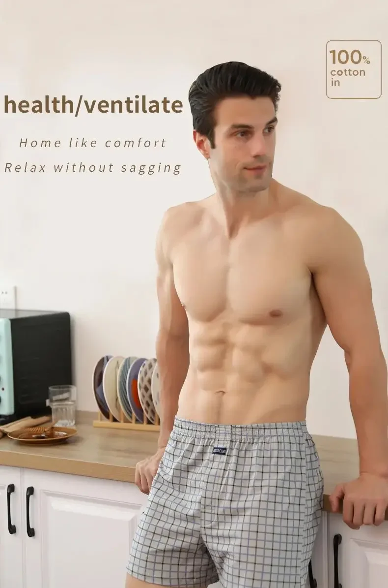 กางเกงบ็อกเซอร์ลายสก็อตผ้าฝ้าย 100% ไซส์ใหญ่สำหรับผู้ชาย เอวยางยืดกว้าง ทรงหลวม เอวสูง ระบายอากาศได้ดี เหมาะสำหรับใส่ในบ้านช่วงฤดูร้อน