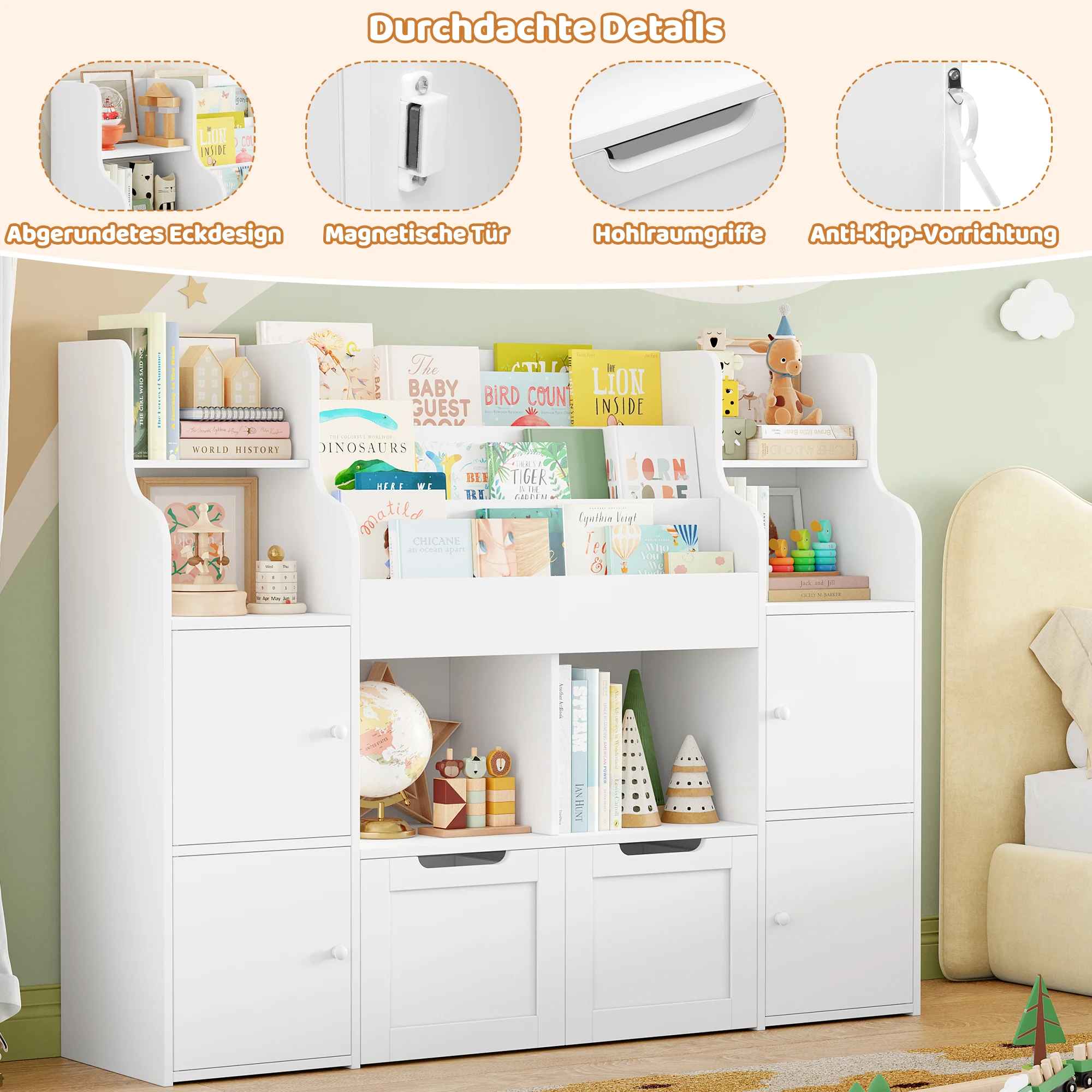 Getone Toy Storage , Childrens Bookcase,Unit 3-tier Kids Bookshelf, Kids Storage with 2 Drawers with Wheels, 4 Doors, 6 Open Shelves,multi-functional toy storage unit122x30x100cm