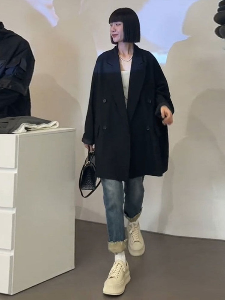 Plus Size plus Size Black Suit Jacket for Women Casual Mid-Length Korean Sle Long Sleeve Polyester Fiber Autumn Fashion Outer...