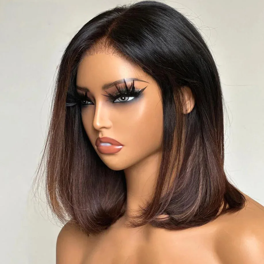 Suave 180% densidad Bob corto recto Ombre marrón Rubio peluca con malla frontal profunda para mujeres negras con pelo de bebé sin pegamento prearrancado