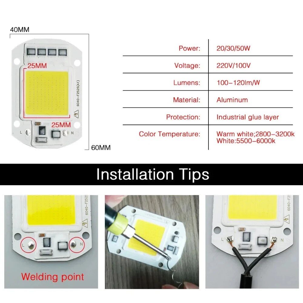 Cuentas de lámpara con Chip LED COB, módulo LED de 20W, 30W, 50W, 220V, 110V, IC inteligente, sin necesidad de controlador para foco de luz de inundación DIY, matriz Led para exteriores