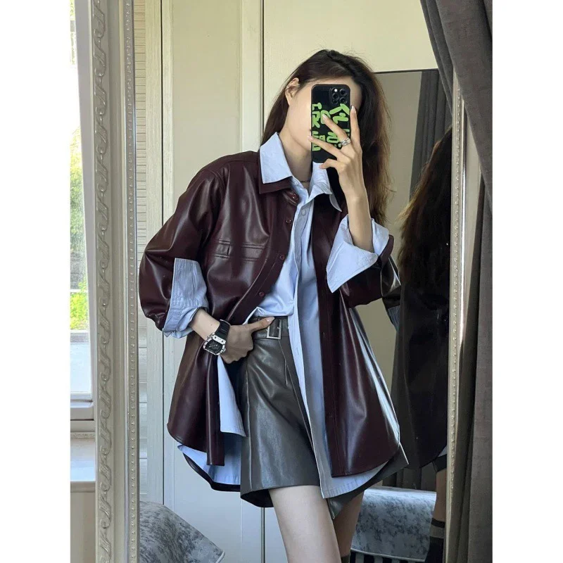 TFETTERS-chaqueta de cuero Morado uva para mujer, abrigo Vintage de Color liso, a la moda, novedad de otoño e invierno, 2024