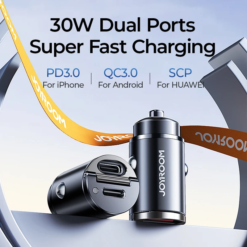 Joyroom Автомобильное мини-зарядное устройство 30 Вт, USB Type-C, два порта для быстрой зарядки