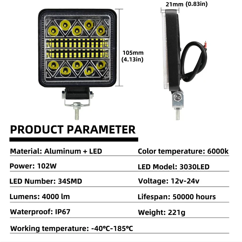 1 pièces 102W barre lumineuse projecteur tout-terrain LED barre lumineuse de travail 3030 LED 34SMD carré pour tracteur SUV camion conduite antibrouillard