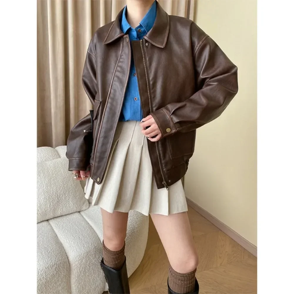 Vintage Maillard Lederjacke Silhouette Craft PU Leder Motorradjacke Top Damen Lose verdickter brauner Mantel Frühling Herbst