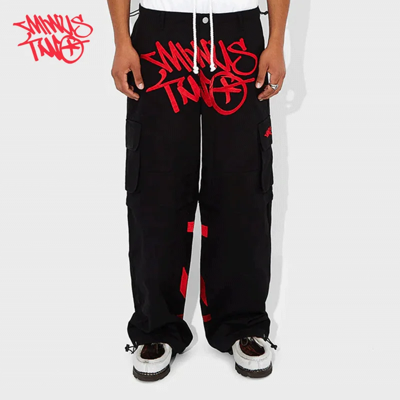 Menos dos Y2K moda calle pantalón negro múltiples bolsillos Cargo pantalones hombres mujeres alta cintura recta Joggers pantalones deportivos holgados