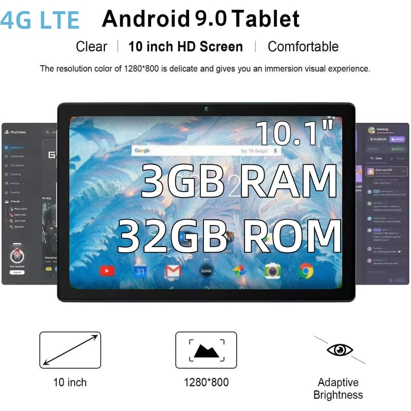 4G LTE T4 Android 9.0 Tablets 10,1 POLEGADAS 3GB RAM 32GB ROM GSM 64 bits MTK8765 Quad-Core CPU 1280 x 800 IPS 5000mAh