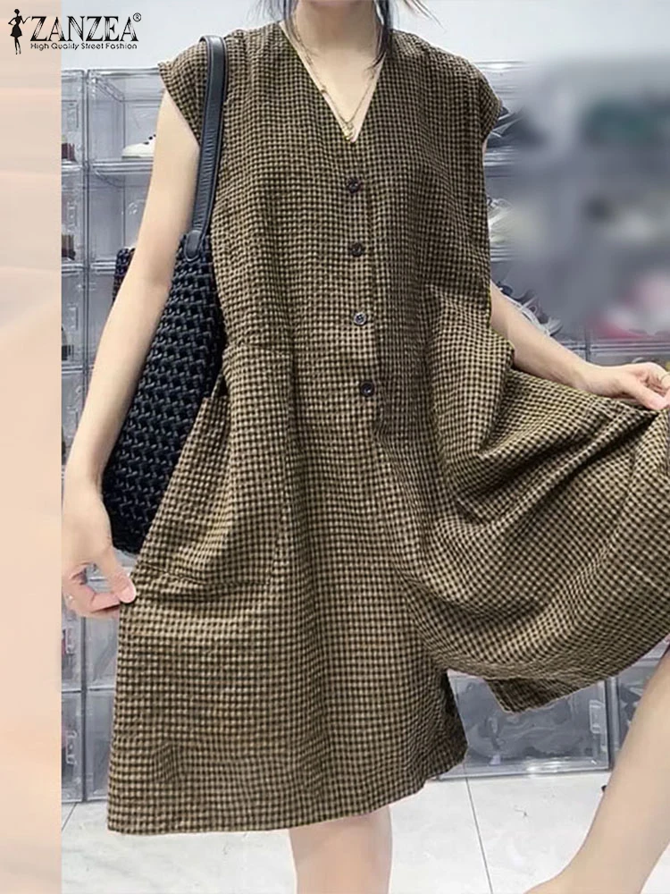 2023 ZANZEA Mode Vrouwen Wijde Pijpen Jumpsuits Zomer Plaid Geruite Overalls Broek Casual V-hals Mouwloos Werk Rompertjes Oversize