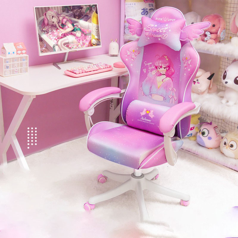 เบาะยางสำหรับยกและหมุนได้สำนักงานบ้าน Kursi GAMING การ์ตูนอนิเมะสีชมพูเก้าอี้คอมพิวเตอร์สำหรับการแข่งขันกีฬาอิเล็กทรอนิกส์