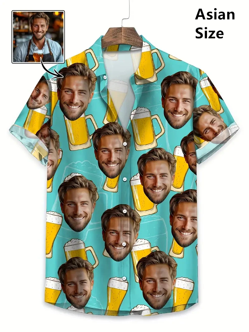 Gesicht Foto Bier Shirts für Männer Kleidung benutzerdefinierte 3D Druck Hawaii Strand Shirt Y2k Top 90er Jahre Vintage Kleidung Revers Kurzarm Bluse
