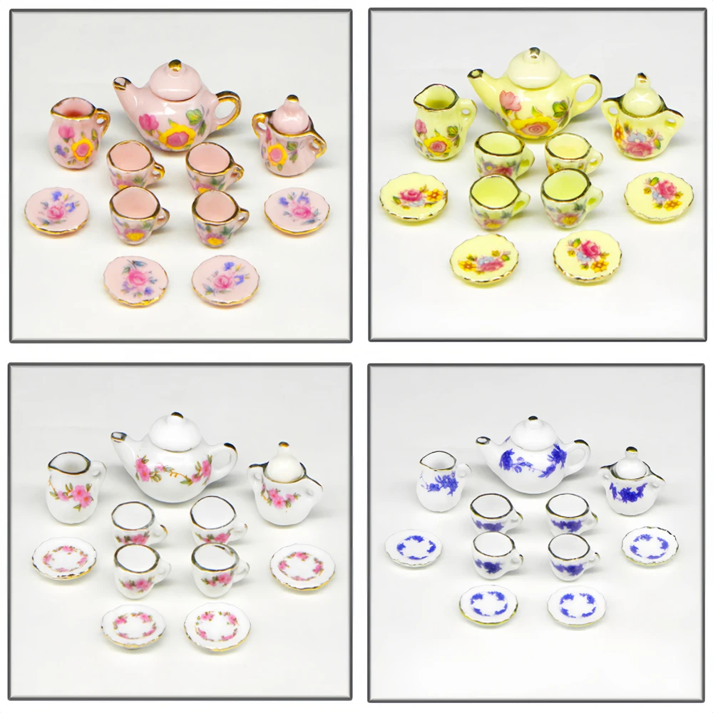 Cô Gái Đồ Chơi Trà Game Thu Nhỏ Bộ Trà Búp Bê Lắp Ghép Nội Thất 15 Cái 1:12 Chén Sứ Hoa Bộ Đồ Ăn Nhà Bếp Trang Trí Ấm Trà