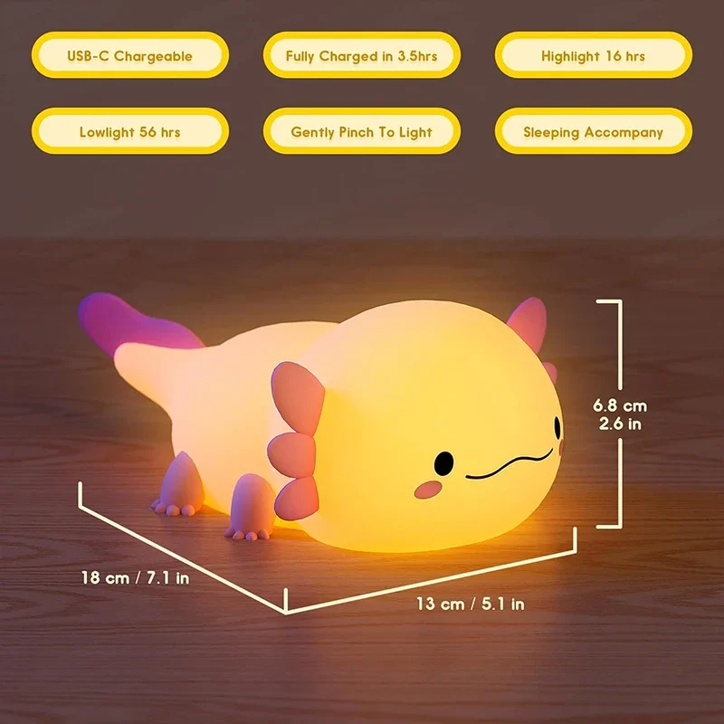 Simpatica lampada da notte Axolotl in silicone per asilo nido, lampada da notte con controllo touch, lampada da tavolo ricaricabile tramite USB per bambino