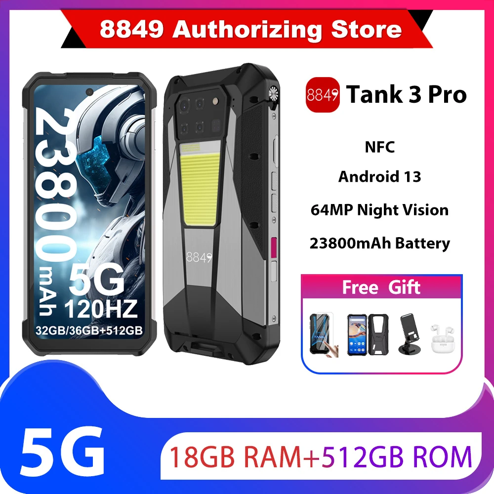 8849 Tank 3 Pro por Unihertz Smartphone robusto 5G com projetor de 100 lúmens 32/36GB 512GB 23800mAh à prova d'água 200MP telefones celulares
