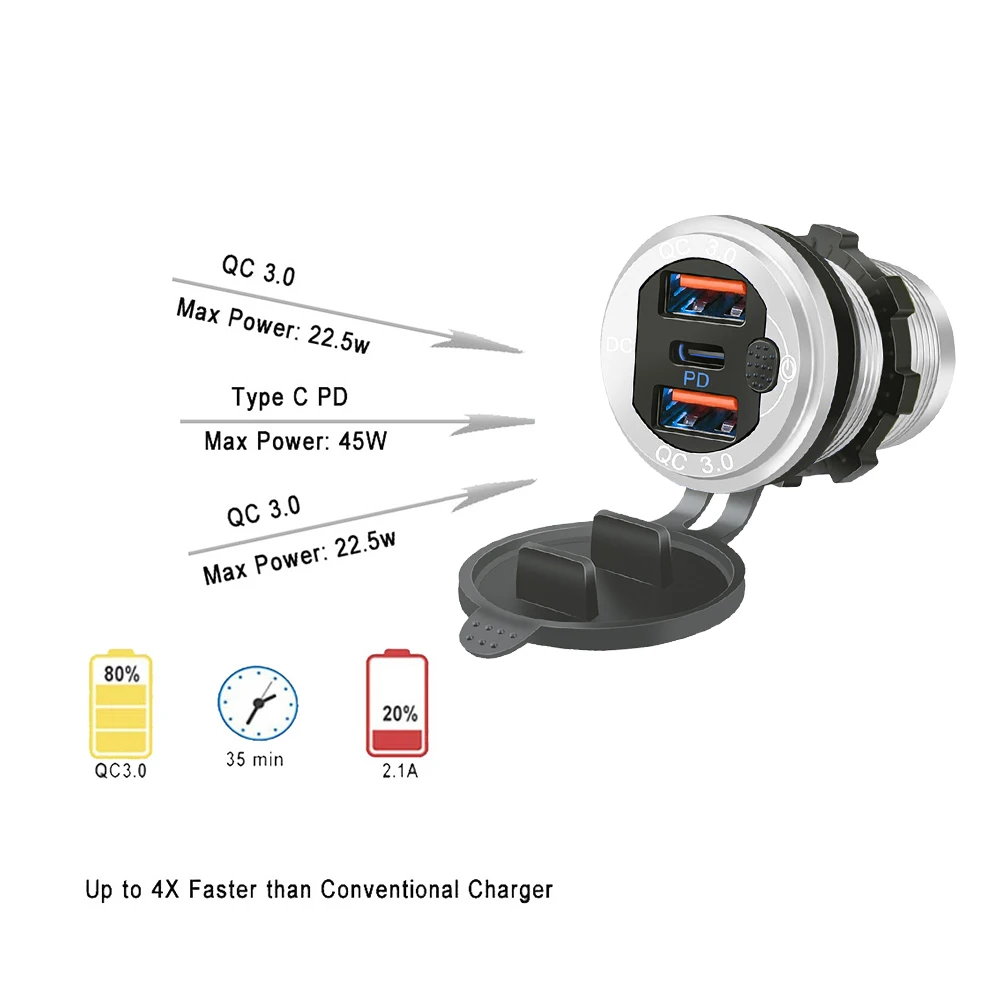 Neuestes Autoladegerät QC 3.0 Aluminium 12V/24V Auto 3-Port-Ladeadapter mit Schalter PD Typ C Dreifach-Schnellladegerät