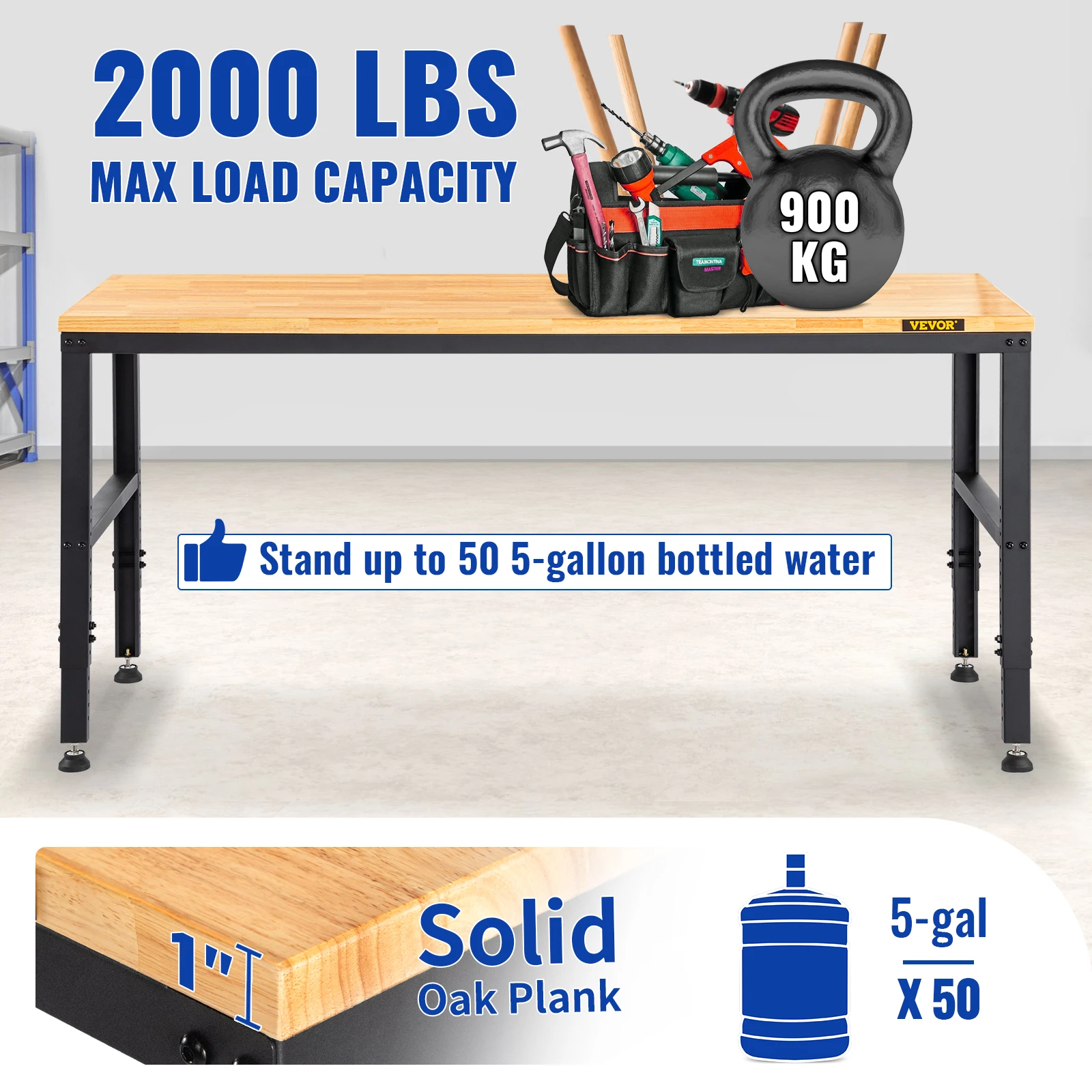 SucceBuy 72cm Woodworking Workbench Adjustable Height Oak Wood Hardwood Top Work Table 900KG Capacity for Office Home Workshop