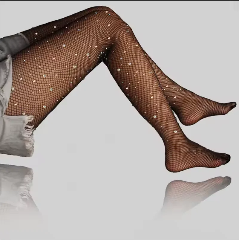 Medias de rejilla sexis de nailon brillante con diamantes para mujer, pantimedias de rejilla multicolor con diamantes de imitación, medias huecas para baile latino, regalo para mujer