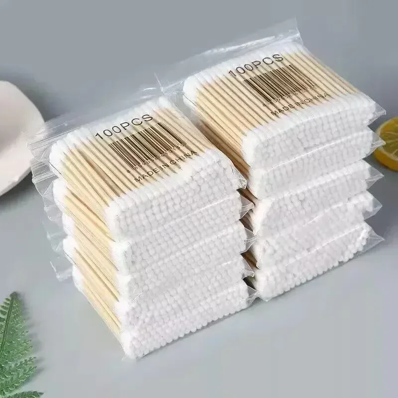 100/300/500 peças cotonetes com varas de madeira, cotonetes de bambu pontas redondas duplas, cotonetes biodegradáveis