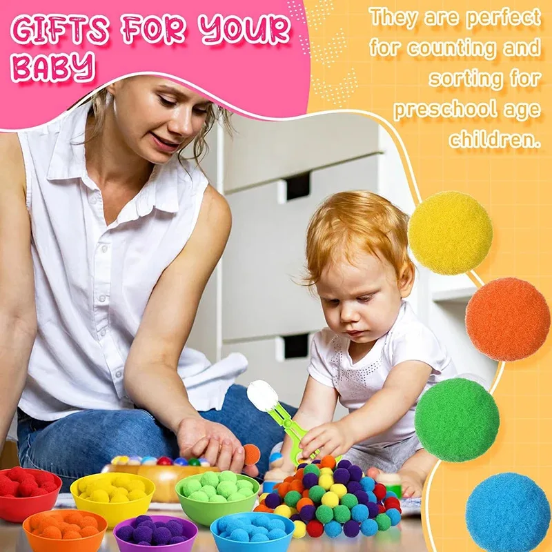 Children Counting and Sorting Toys  Pom poms Rainbow Colors Plastic Bowls Tweezers Fine Motor Skill Chidlren Learning Toys