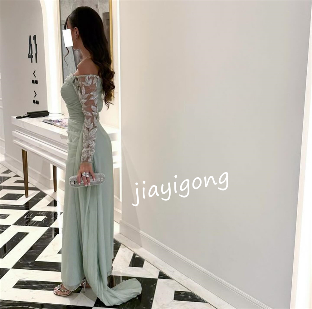 ที่กําหนดเองเรียบง่ายชีฟองจีบรูปแบบ A-Line ปิดไหล่ชุดยาว Bespoke โอกาสชุด Pastrol คลาสสิก