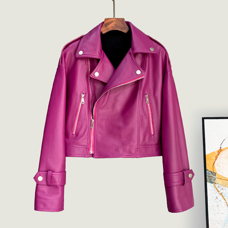 女性用シープスキンジャケット,襟を折りたたんだ長袖の本革ジャケット,ジッパー,ピンクのピンク,ファッショナブル,新しい,M-3XL, 2024