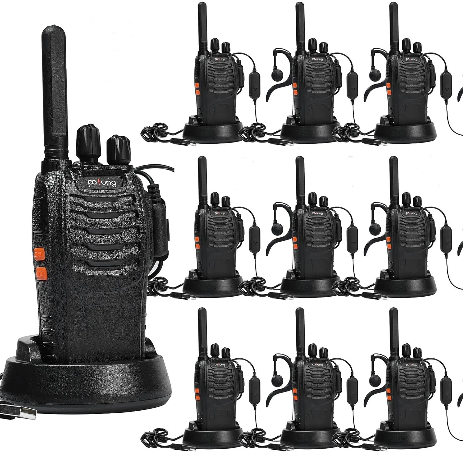 10 Stück Pofung PT88E Walkie Talkie PMR446 Lizenzfreies Zwei-Wege-16-Kanal-Langstreckenradio mit USB-Ladegerät und Ohrhörern