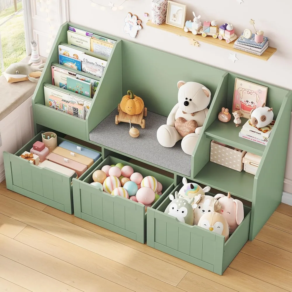 55.1’’ Kids Bookshelf with Reading Nook, Toy Storage Organizer with Seat Cushion and 3 Movable Drawers, Kids Reading Nook Toy O