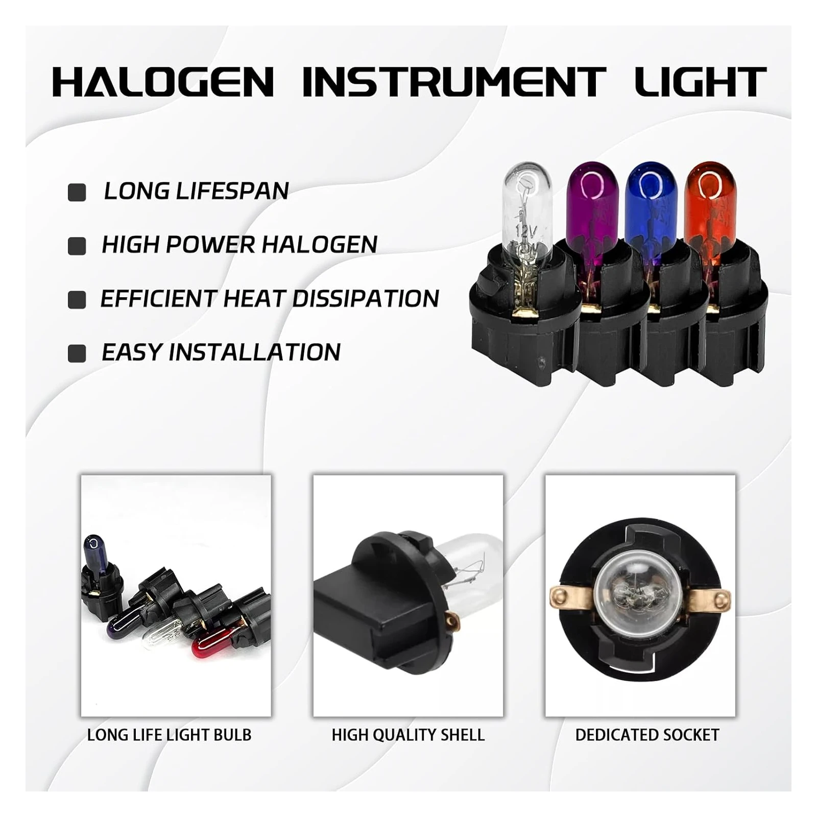 12 set di lampadine alogene per cluster di strumenti T5 con prese, luce da cruscotto 12V 1,2W per la sostituzione di interni di auto automobilistiche