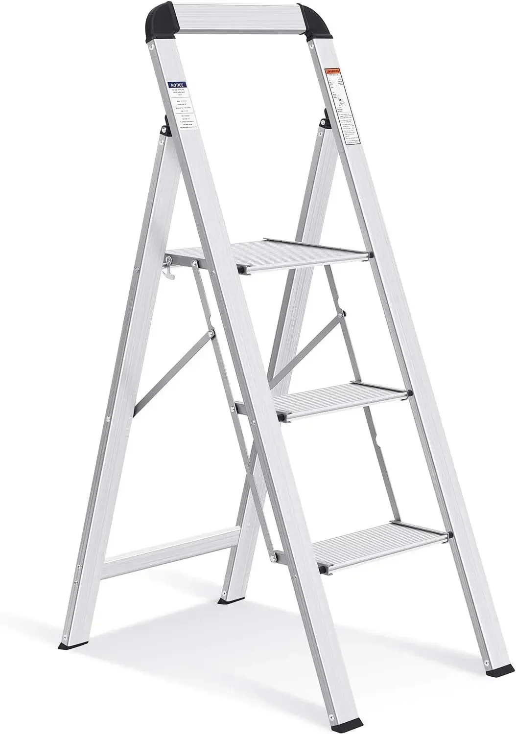 KINGRACK Escalera de Tijera 3 Peldaños, Escalera de Tijera Plegable con Barandilla, Escalera Doméstica Antideslizante con Mecani
