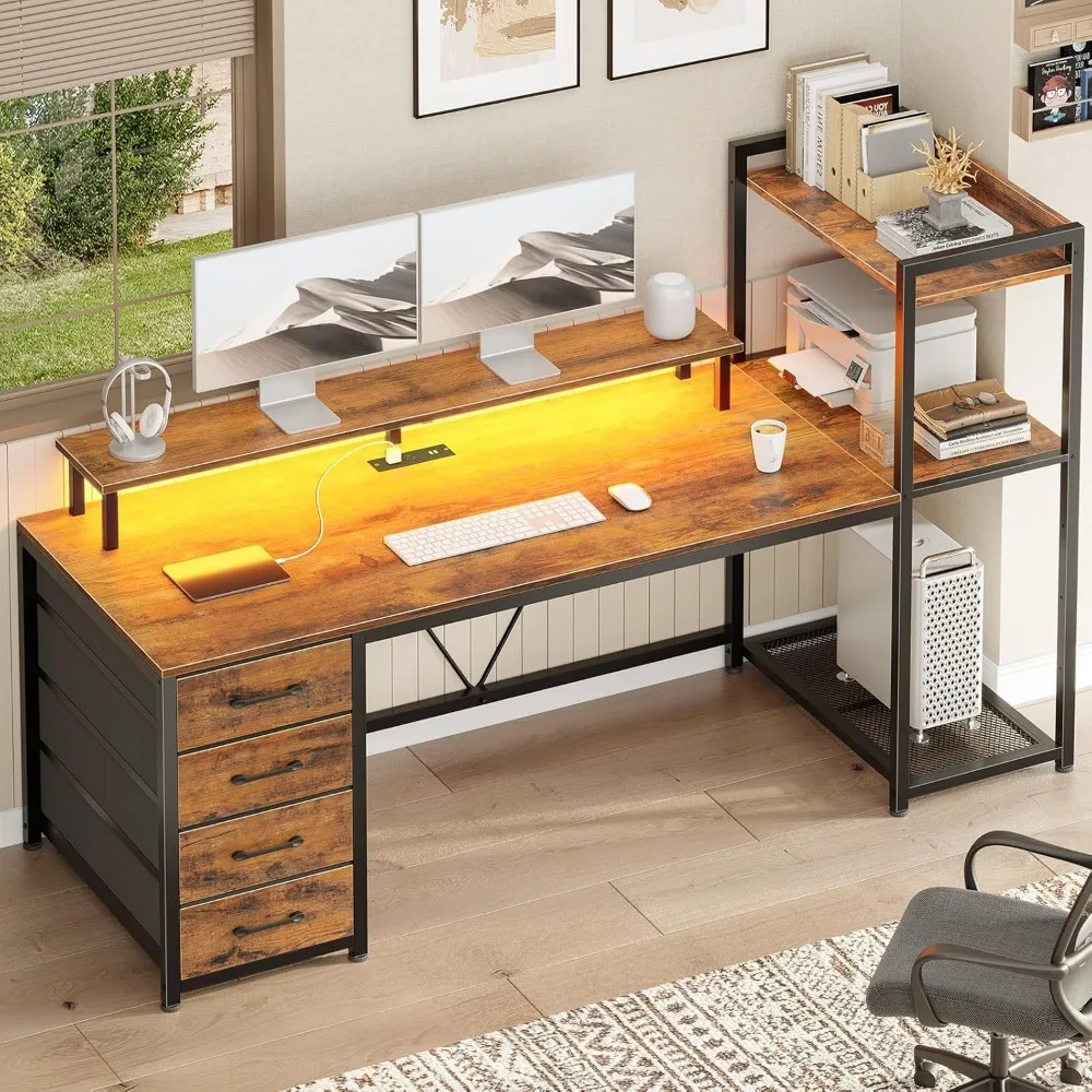 55" Computer Desk with 4 Drawers and Shelves, Gaming Desk with LED Lights & Power Outlets, Home Office Desk with Large Storage