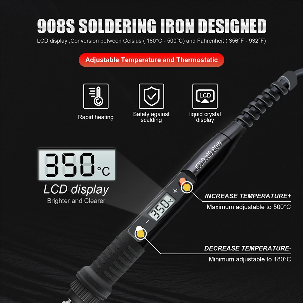 JCD 908S 80W Soldering iron kit Adjustable temperature LCD solder welding tools With Solder Tin Iron Tips 220V 110V 60W 80W