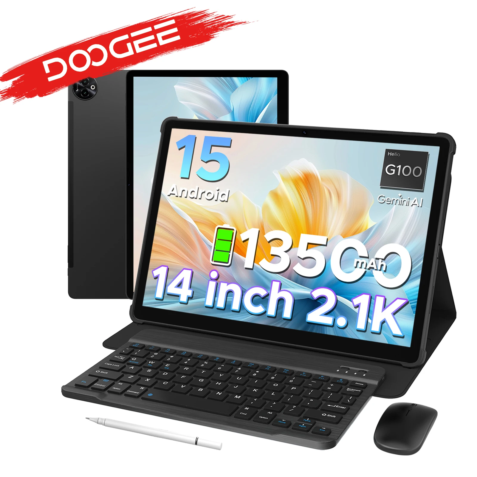 Doogee Tab E3 Max 2-in-1 tablet-pc 14 "2,1K-scherm Android 15 32 Gb (8 + 24) 256 Gb 13500 Mah batterij Qual-luidspreker Helio G100 tablet