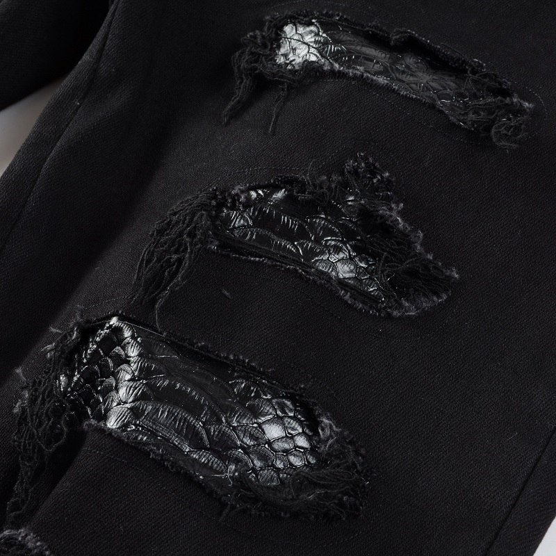 Jean brodé serpent pour hommes, pantalon en Denim extensible, slim, conique, trous, Patch en cuir déchiré, Patchwork, noir