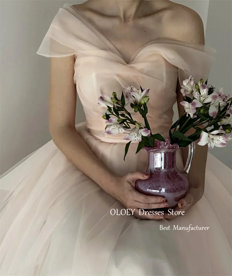 Oloey ชุดเดรสแต่งงานผ้าไหมออร์แกนซ่าสีชมพูความยาวเปิดไหล่สำหรับชุดออกงานกลางคืนงานปาร์ตี้แบบเกาหลี