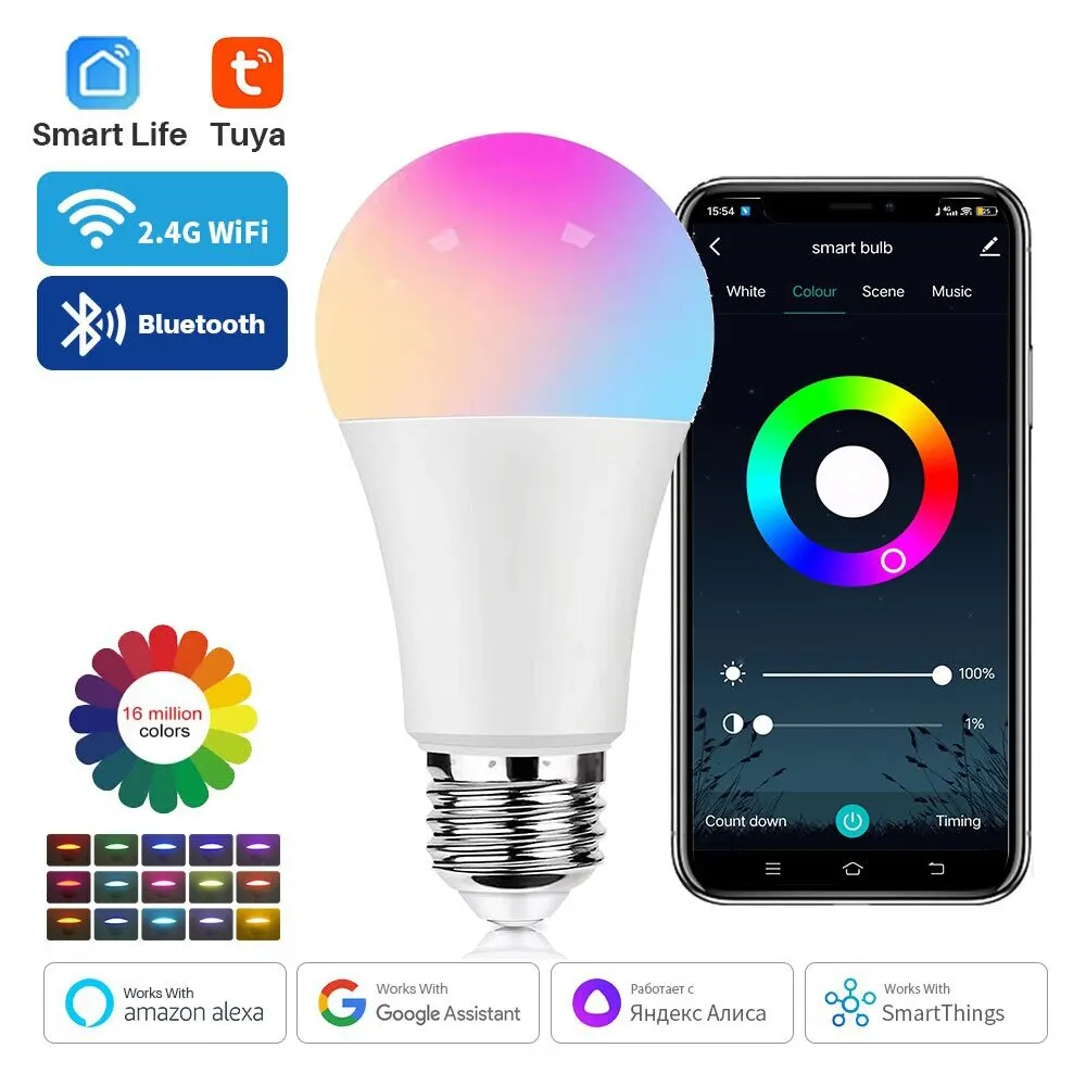 Lâmpada LED regulável inteligente Tuya, E27, Wi-Fi, Bluetooth, RGBCW, 100-240V, Controle de aplicativos Smart Life, Suporte Alexa, Google Home