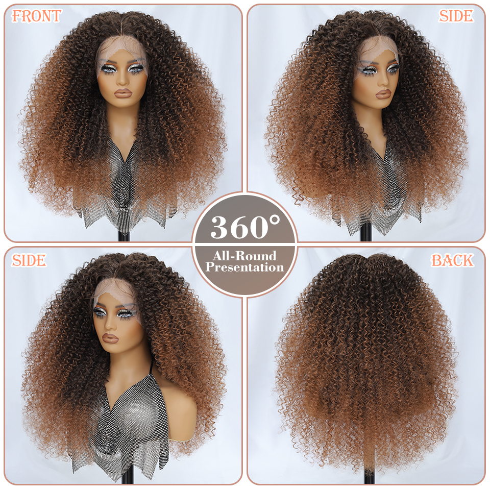 Długa Afro Kręcona Syntetyczna Peruka Afro 24 Cale Jerry Curl Głęboki Przedziałek Peruki typu Lace Front Dla Kobiet Ombre Niebiesko-Miedziana Peruka z Pasemkami 613