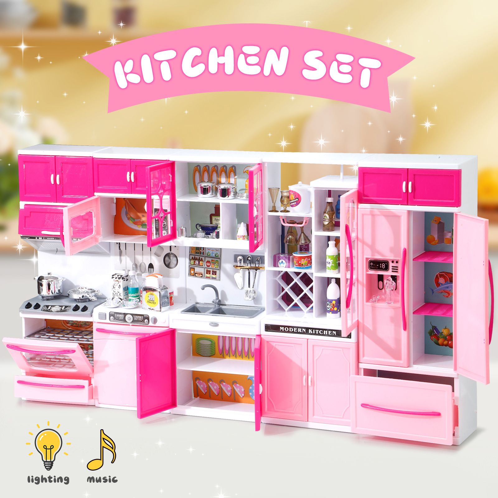 Pink Kitchen Combo Rollenspiel 5-teiliges Spielzeugset mit Lichtern und Geräuschen, für Mädchen, Weihnachten/Halloween/Thanksgiving/Neujahr