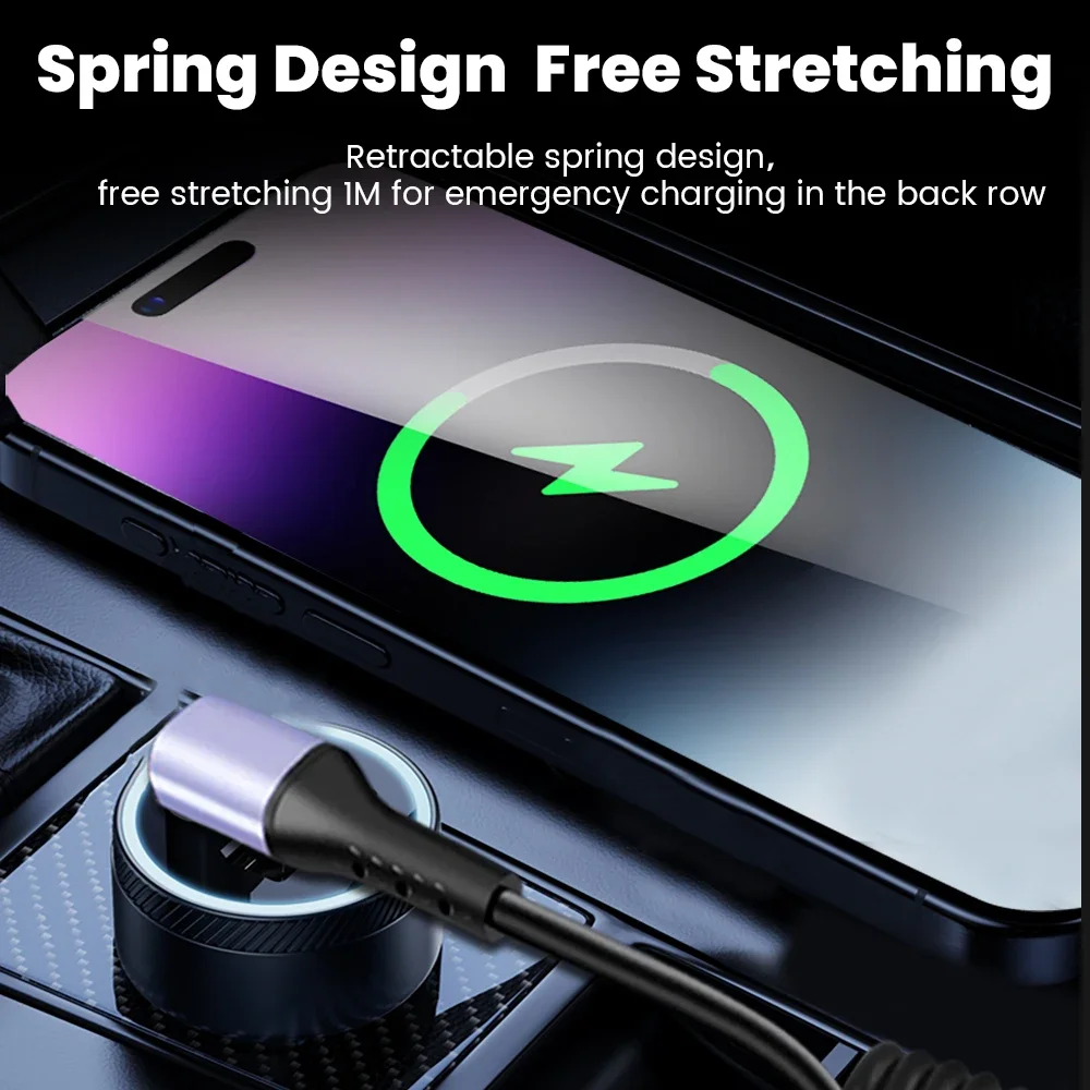20CM To 1M Car Spring Cable 66W Short Fast Charging Wire Type C TO Type C Cable For iPhone 15 Huawei Xiaomi Samsung USB C Cable