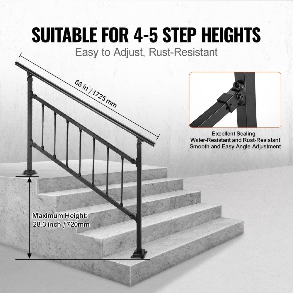 Adjustable Wrought Iron Outdoor Stair Railing for 1 -4 Steps, Matte Black Handrail with Installation Kit for concrete Steps
