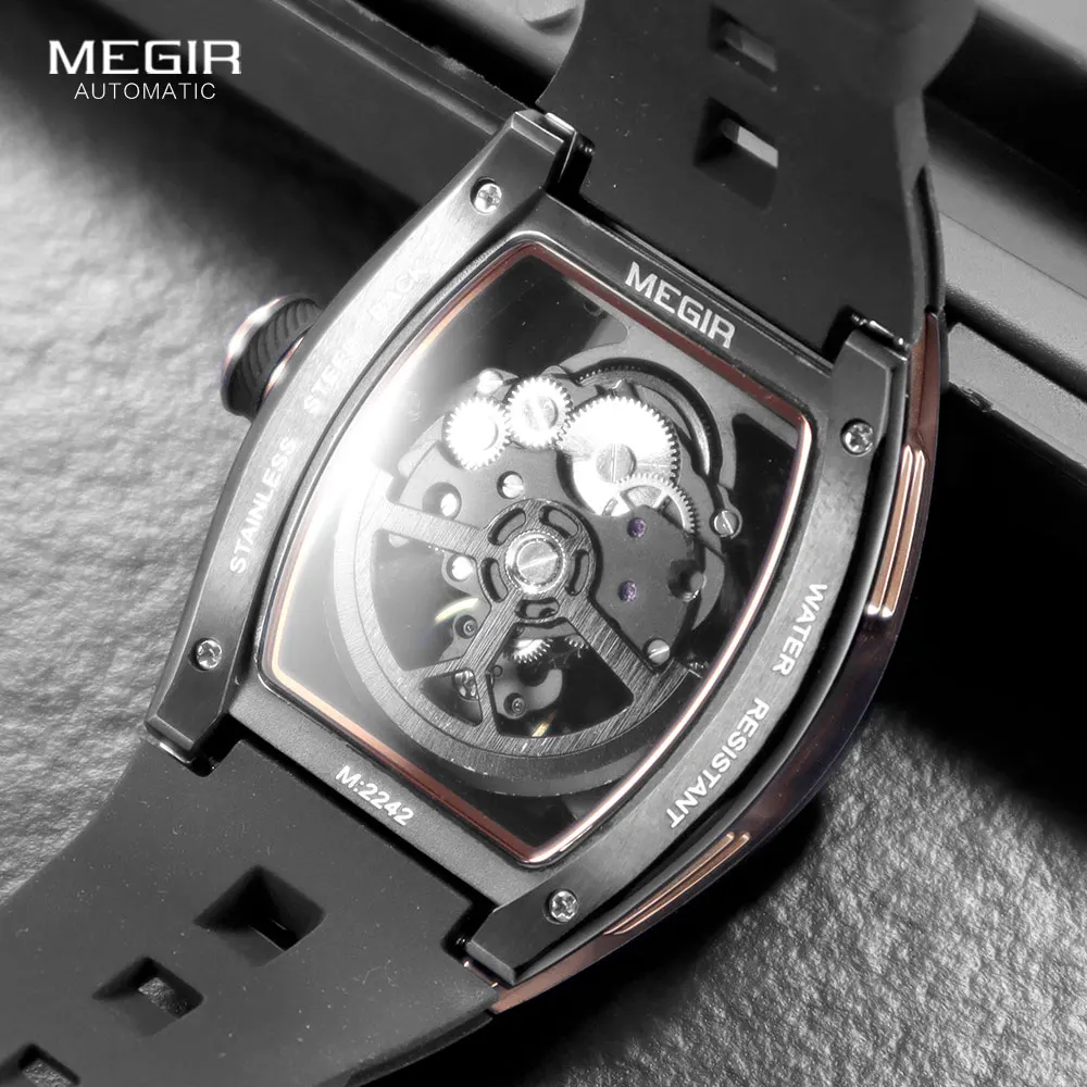 Megir 2242 Blauw Automatisch Horloge Voor Heren Sport Waterdicht Roestvrij Staal Mechanisch Polshorloge Met Siliconen Band Skelet Wijzerplaat