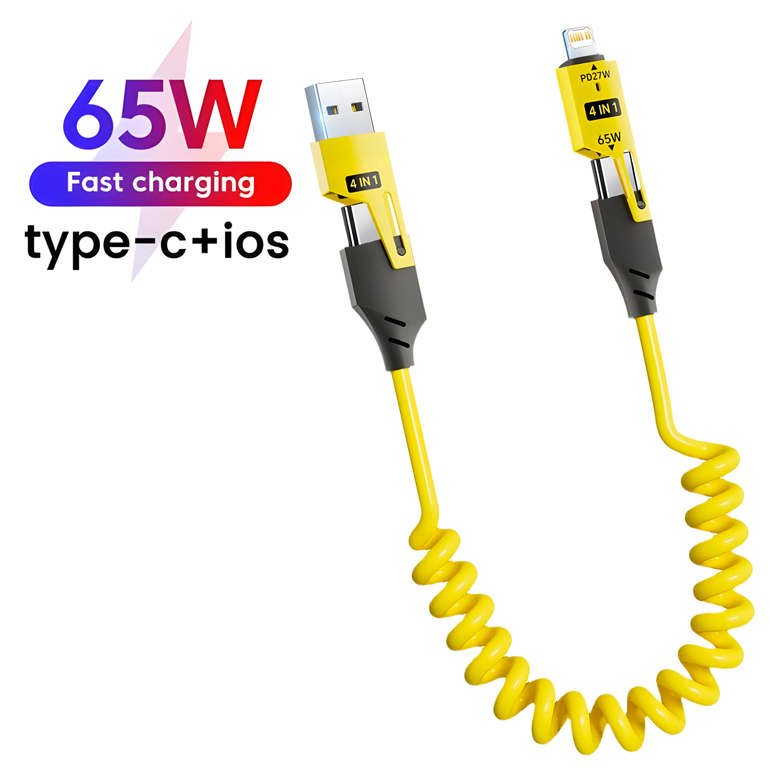 65W 4 in 1 Spring Short Data Cable 6A USB Type C Spring Telescopic Quick Charger Wire Spring USB Cable for iPhone iPad MacBook