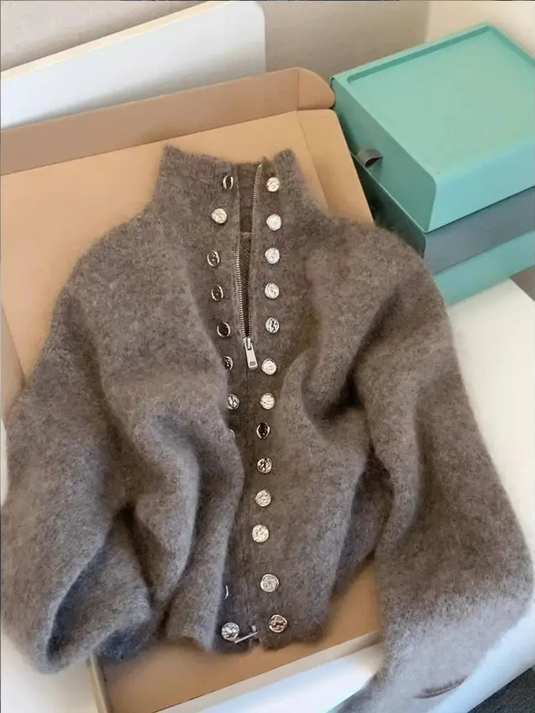 Luxus Flauschige Strickjacke Pullover Design Zweireiher Pullover Mantel Frauen Herbst High-end Faul Zipper 2000er Jahre Y2k stricken Top
