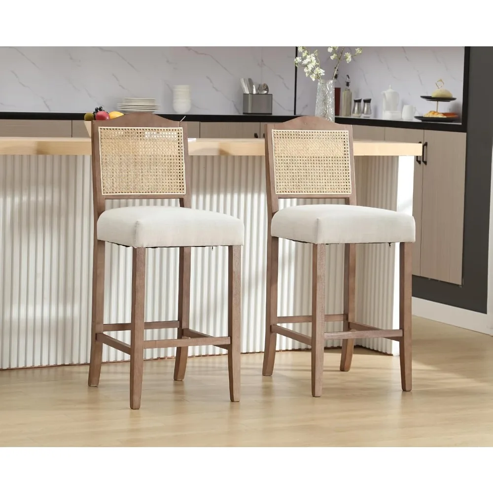 Counter Height Bar Stools Set of 2 Farmhouse Barstools with Rattan Back Linen Upholstered Bar Chairs Mid Century Wood Breakfast