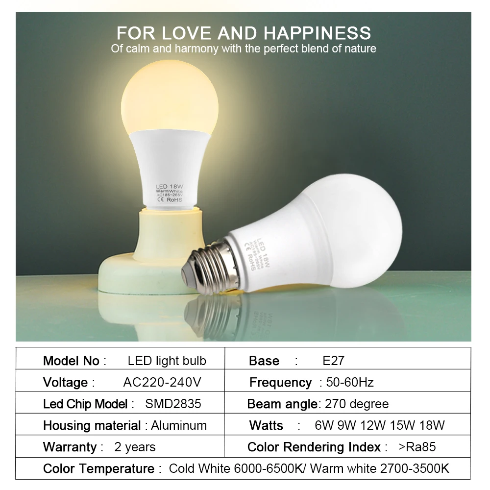 10개/묶음 앰플 LED 전구 램프 E27 AC 220V 전구 18W 15W 12W 9W 램프/전구 가정용 샹들리에 거실용