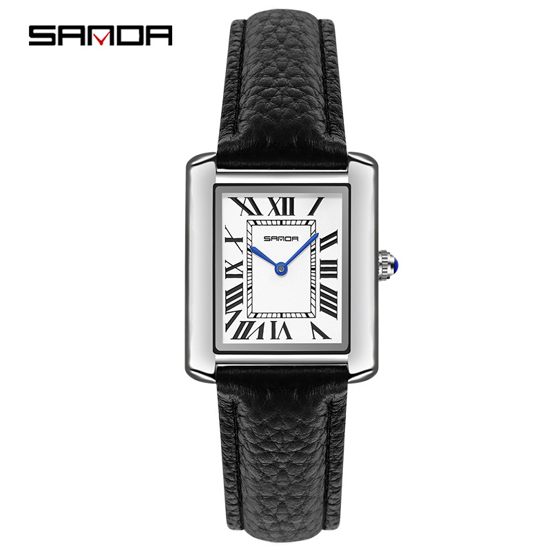 SANDA 1108 9031 Casal Relógio de Quartzo Simples Moda Pequeno Quadrado Prateado Relógio de Pulso com Pulseira de Couro Preto para Homens e Mulheres