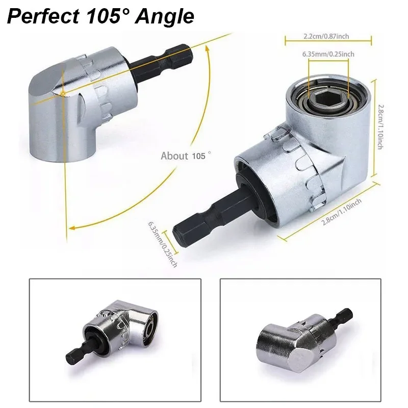 105 °   Adaptador de broca de ângulo reto, suporte de broca magnética de aço crv para espaços apertados, acessórios de driver sem fio de impacto de 1/4"