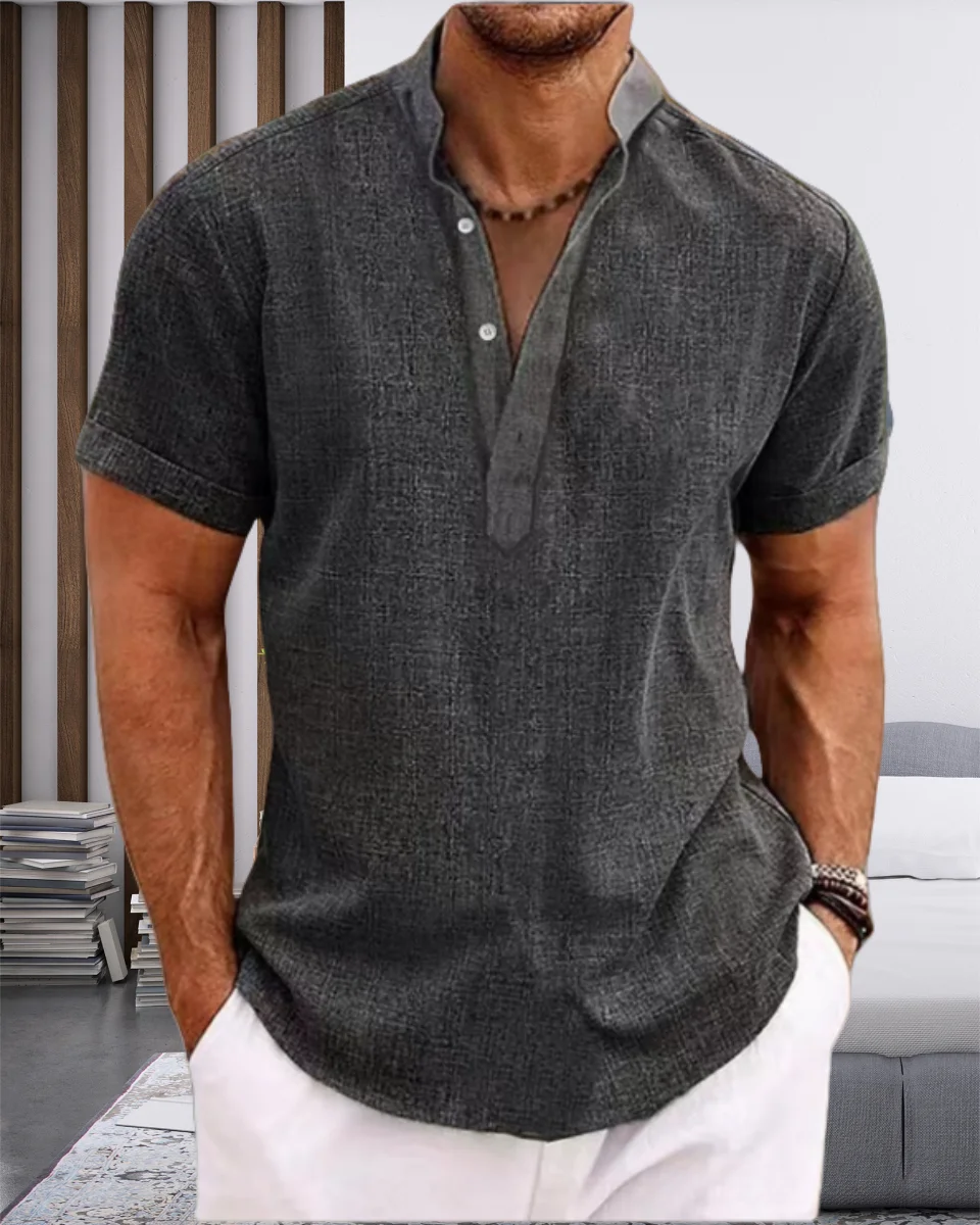 New men's tie-dyed Henry collar casual beach short-sleeved fashionable solid-color top T-shirt, high-quality street short-sleeve