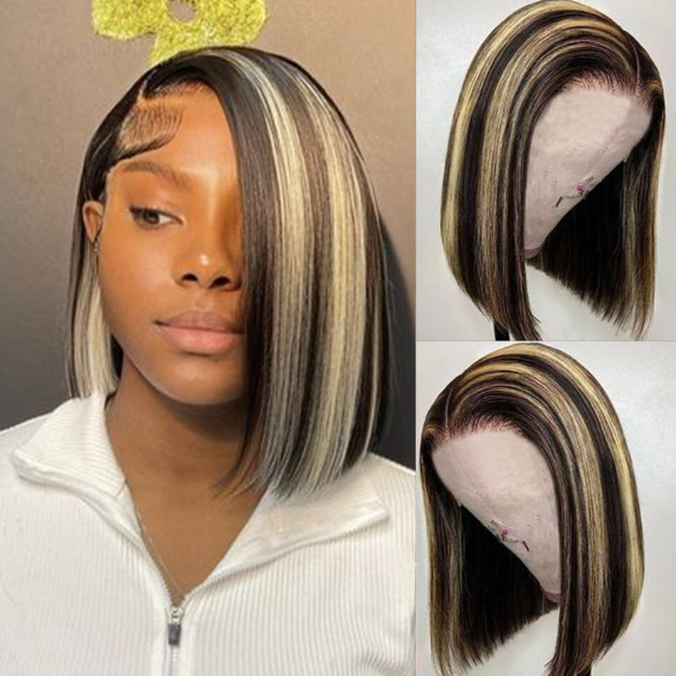 뼈 스트레이트 옹 브르 HD 컬러 13x4 레이스 프론트 가발 짧은 밥 브라질 1/27 13x4 하이라이트 인간의 머리카락 레이스 정면 가발 여성용