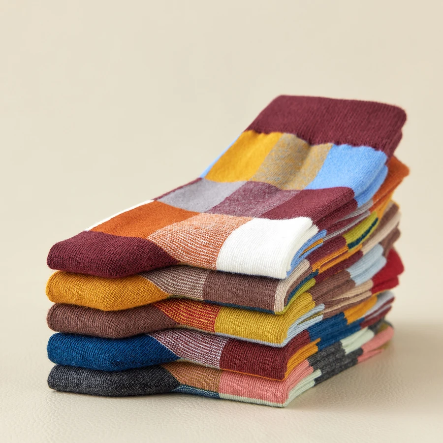 5 pares de calcetines de algodón peinado para hombre, calcetines de compresión para fiesta al aire libre, calcetines de vestir felices cuadrados y rayas coloridos a la moda para hombre