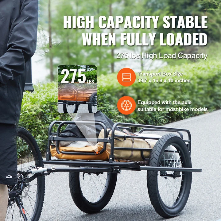 SucceBuy Carrinho de vagão de bicicleta com reboque de carga de bicicleta de 275 libras, armazenamento compacto dobrável com engate universal, rodas de 20 ", serve para a maioria das bicicletas
